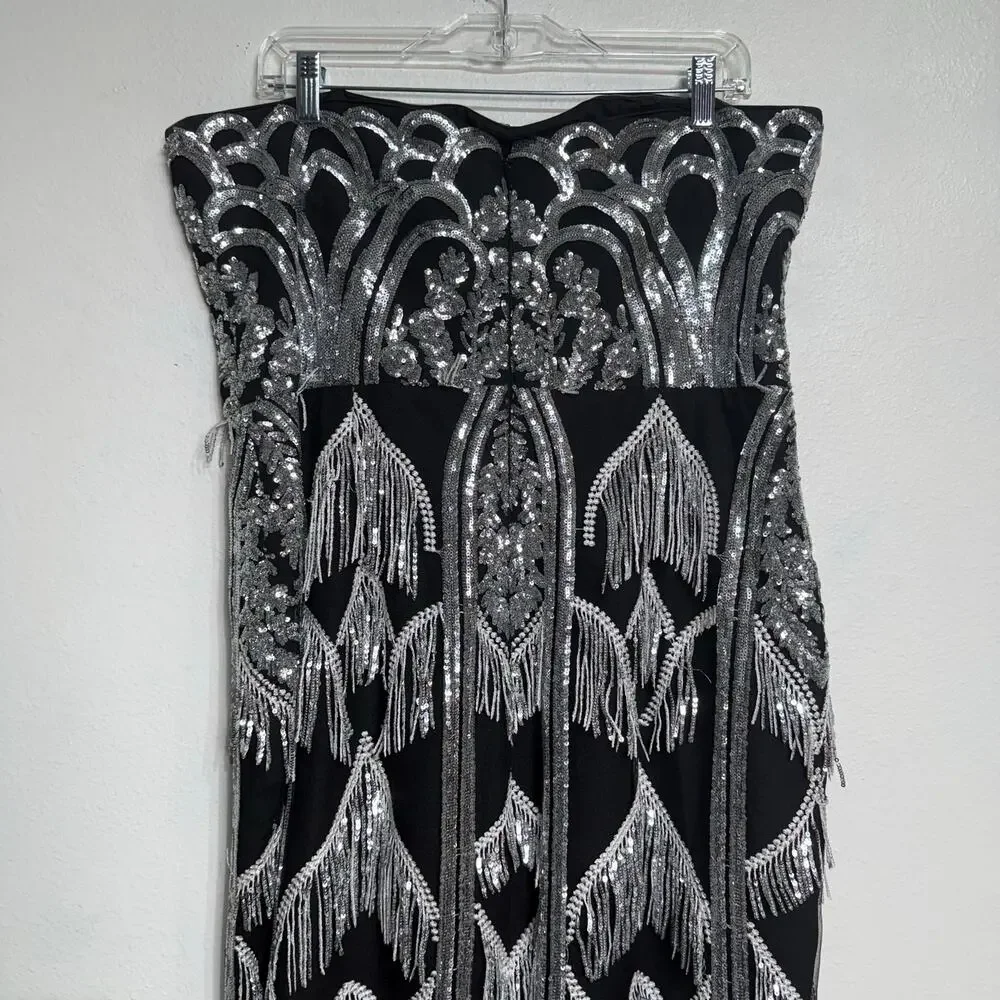 Dress the Population Black Viviana Sequin Fringe Strapless Midi Dress Sz XXL - Picture 3 of 13